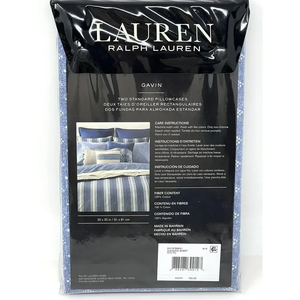 Ralph Lauren Gavin Diamond Standard Pillowcases Set Of 2 Cotton Denim Blue Pair
